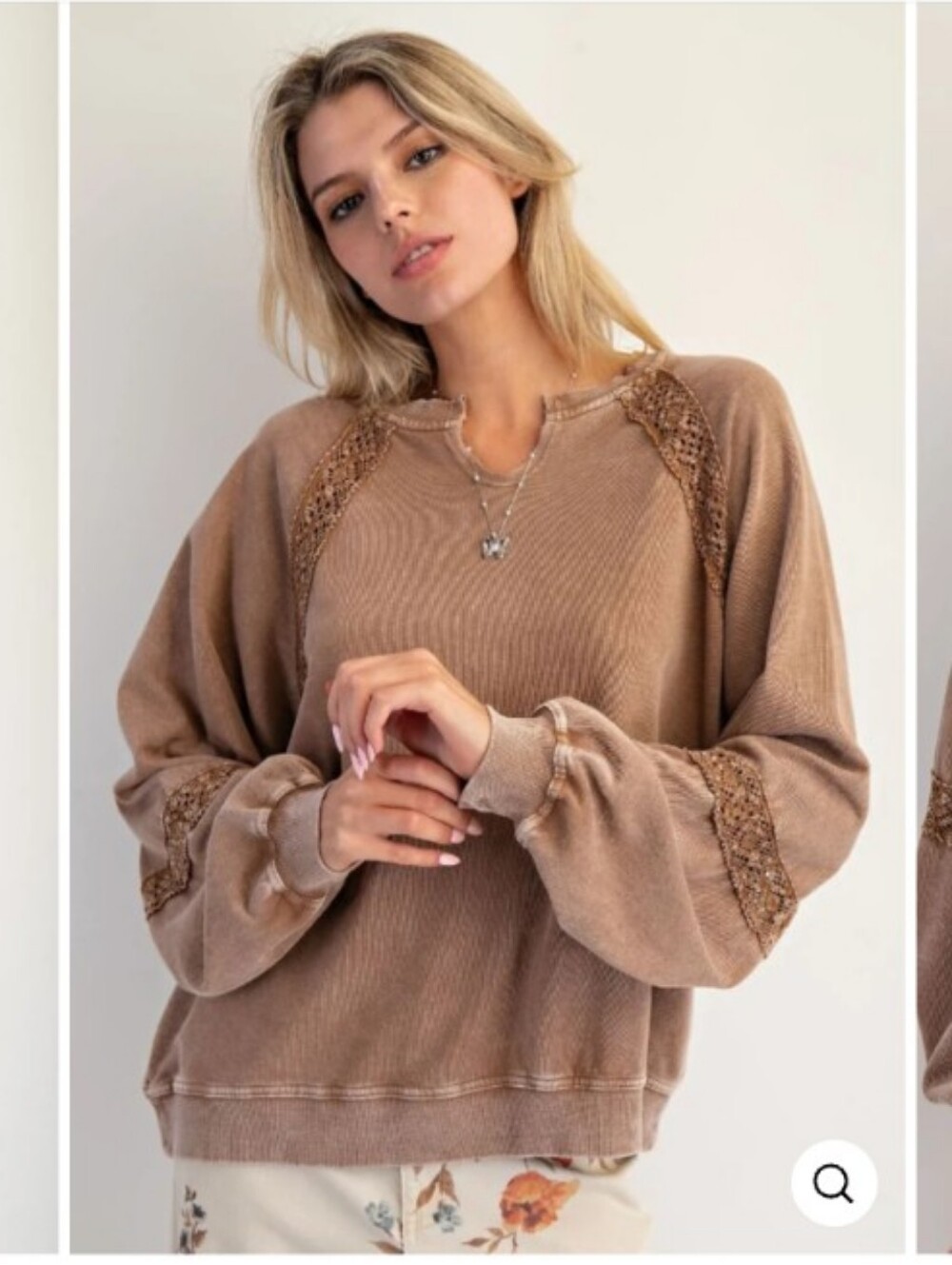 Relaxed Crochet-Trim Crewneck Sweater in Taupe